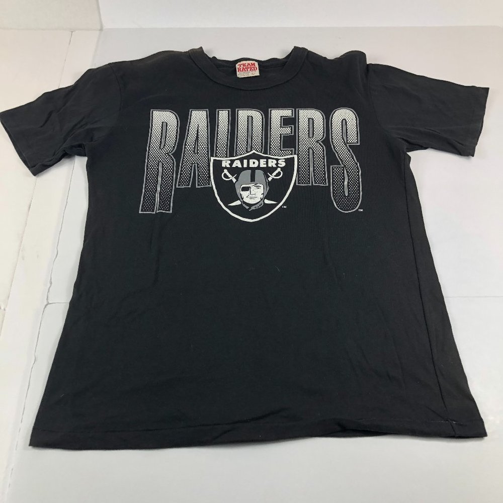 Vintage 90's Raiders Shirt Men's Large Black Silver Made USA Team Rated Sun Fade